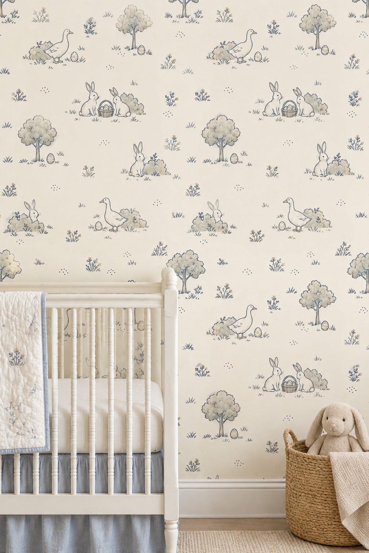 Rabbits And Ducks Easter Eggs Wallpaper Cream Toile