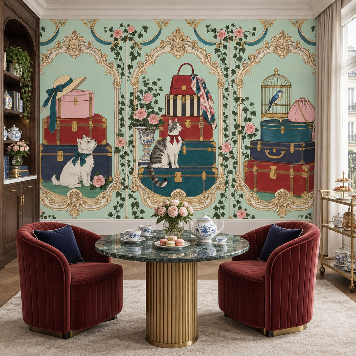 Vintage Trunks And Pets Wallpaper Ornate Frames Wall Mural
