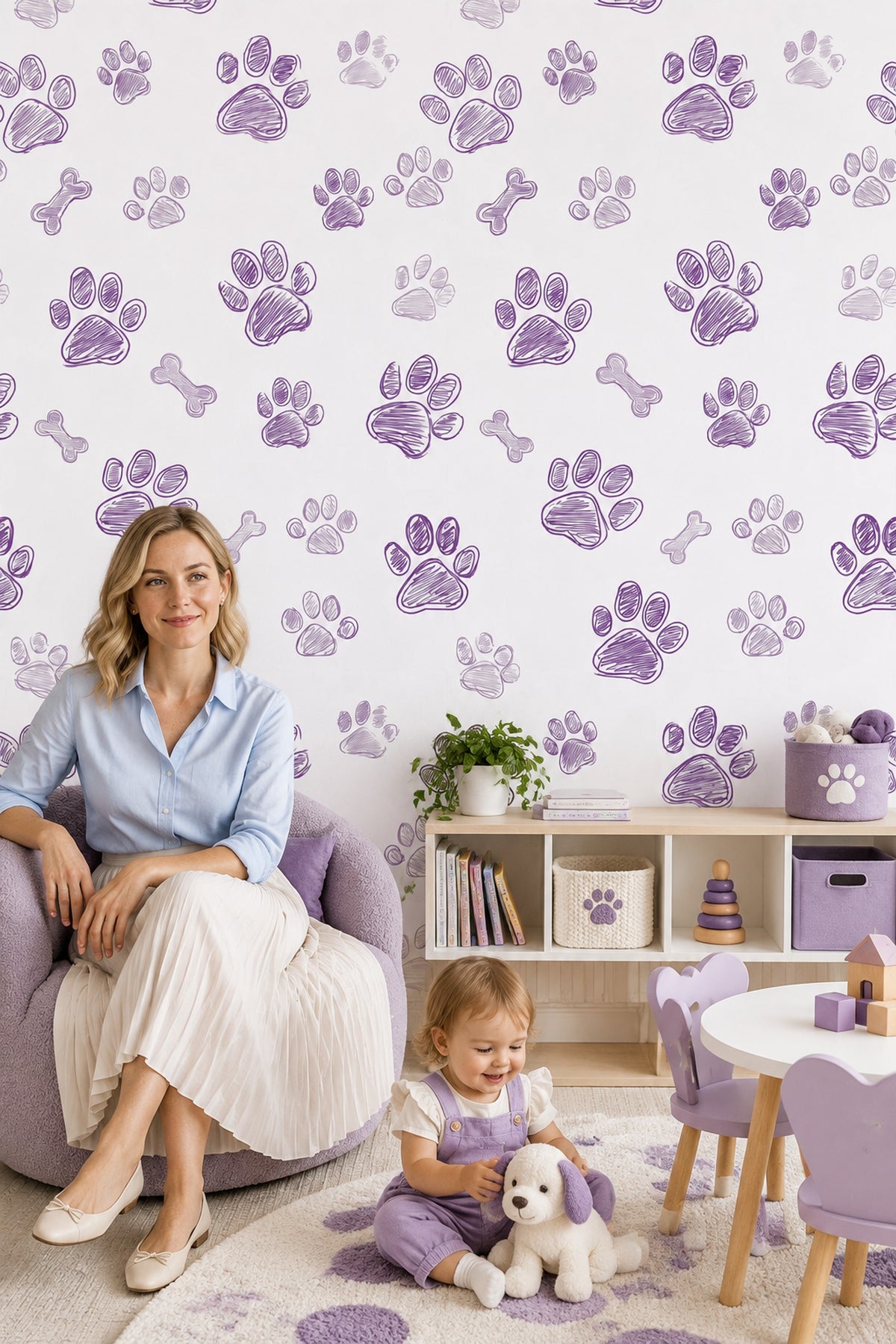 Dog Paw Prints And Bones Wallpaper Purple Doodle On White