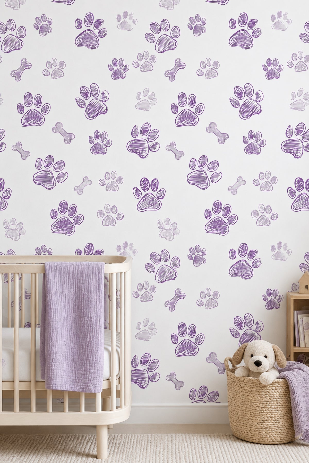 Dog Paw Prints And Bones Wallpaper Purple Doodle On White