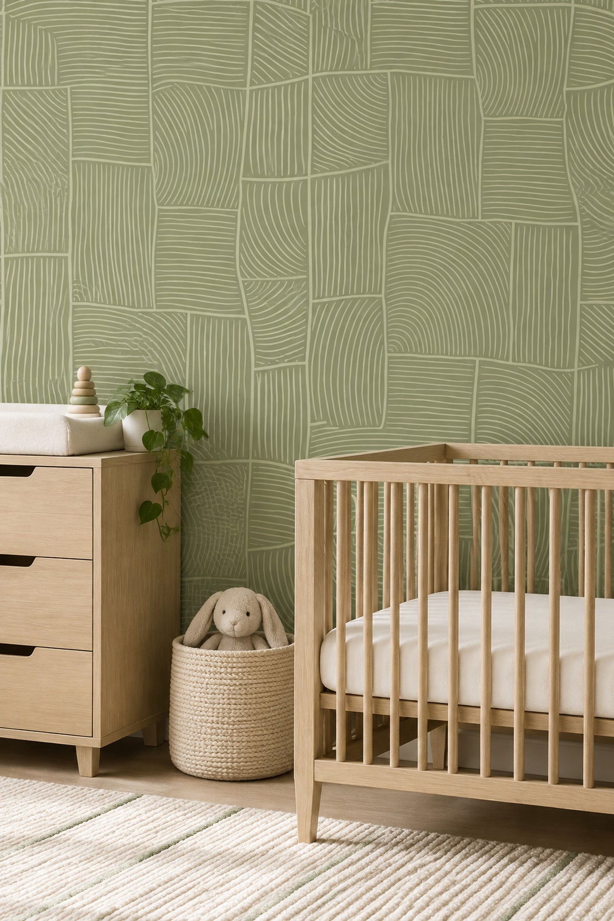 Sage Green Geometric Blocks Wallpaper Curved Line Pattern