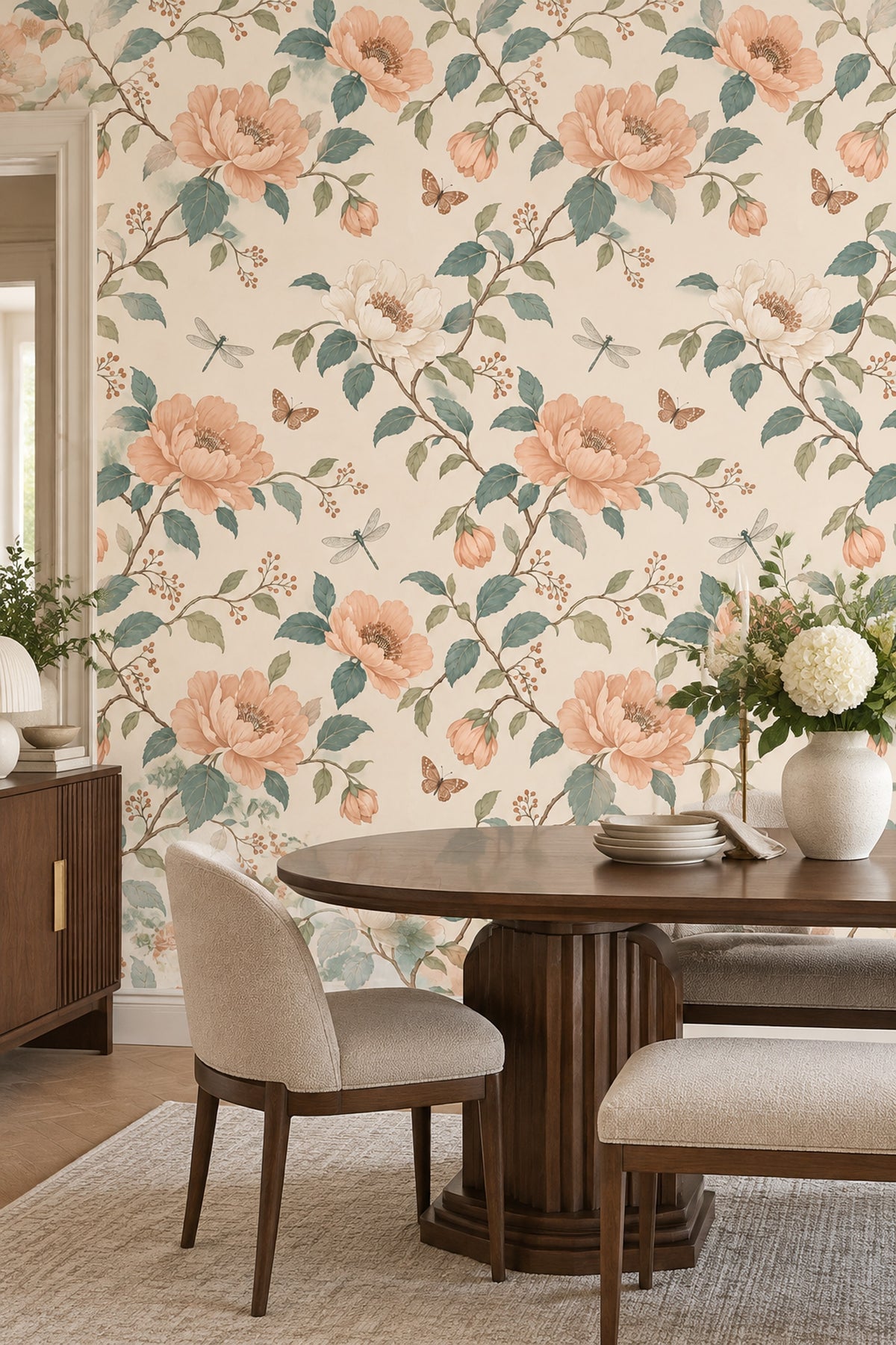 Peach Flowers Butterflies Wallpaper Cream Background