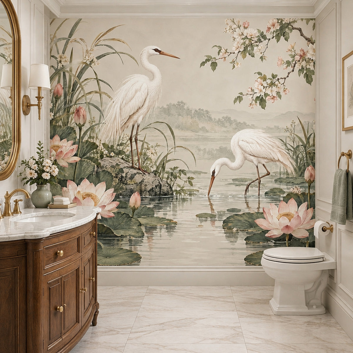 Cranes And Lotus Pond Wallpaper Chinoiserie Floral Wall Mural