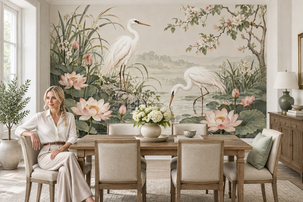 Cranes And Lotus Pond Wallpaper Chinoiserie Floral Wall Mural