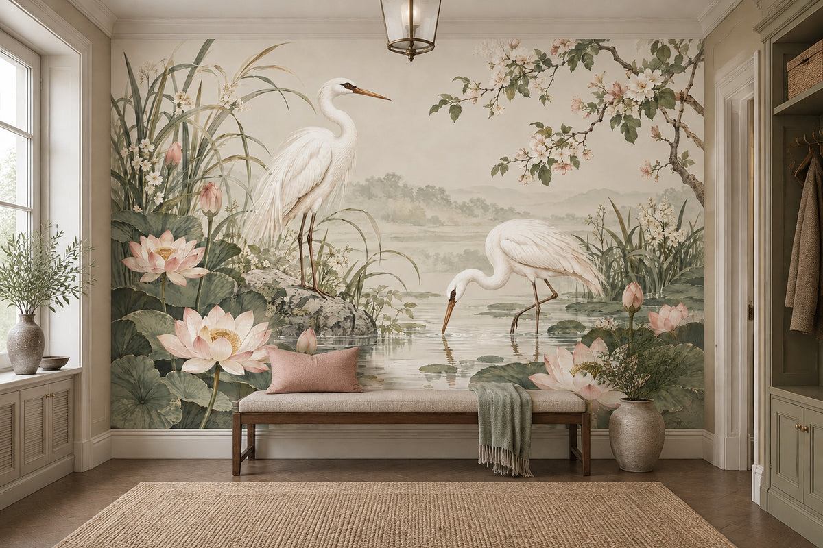 Cranes And Lotus Pond Wallpaper Chinoiserie Floral Wall Mural