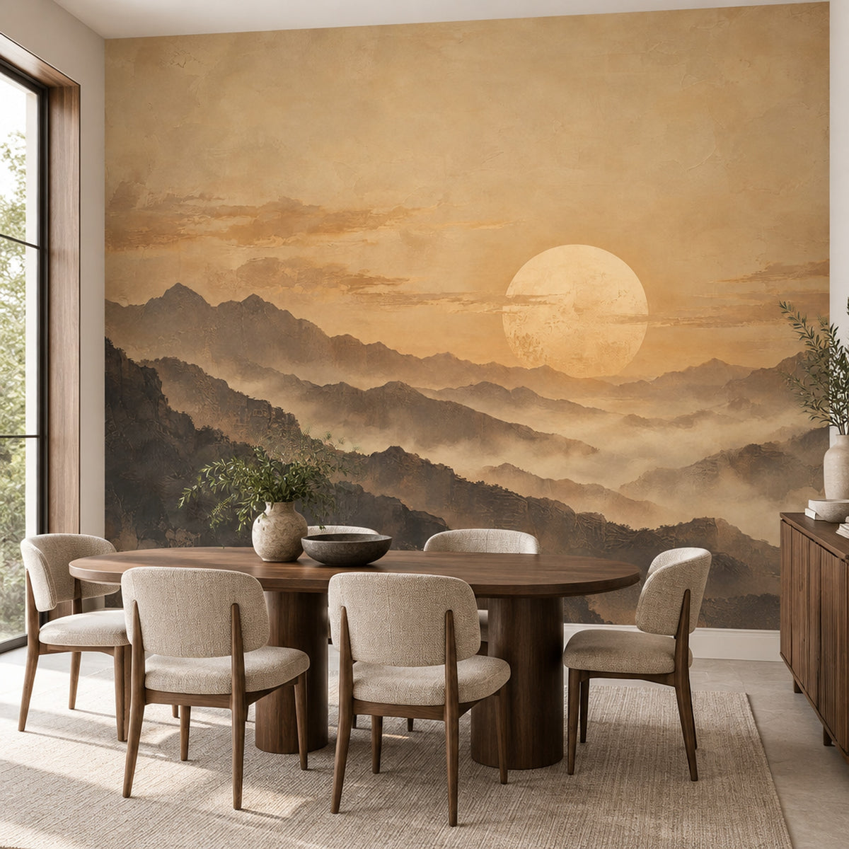 Sepia Misty Mountains Wallpaper Vintage Sun Wall Mural