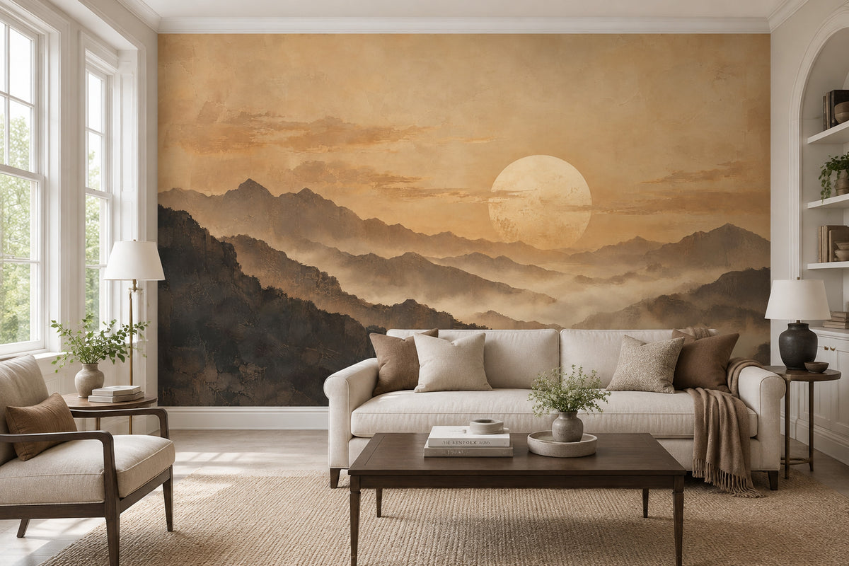 Sepia Misty Mountains Wallpaper Vintage Sun Wall Mural