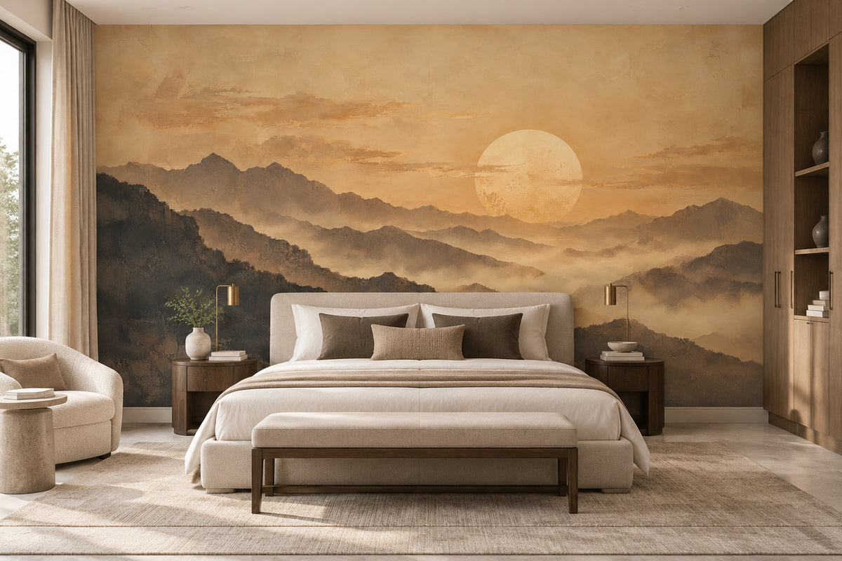 Sepia Misty Mountains Wallpaper Vintage Sun Wall Mural