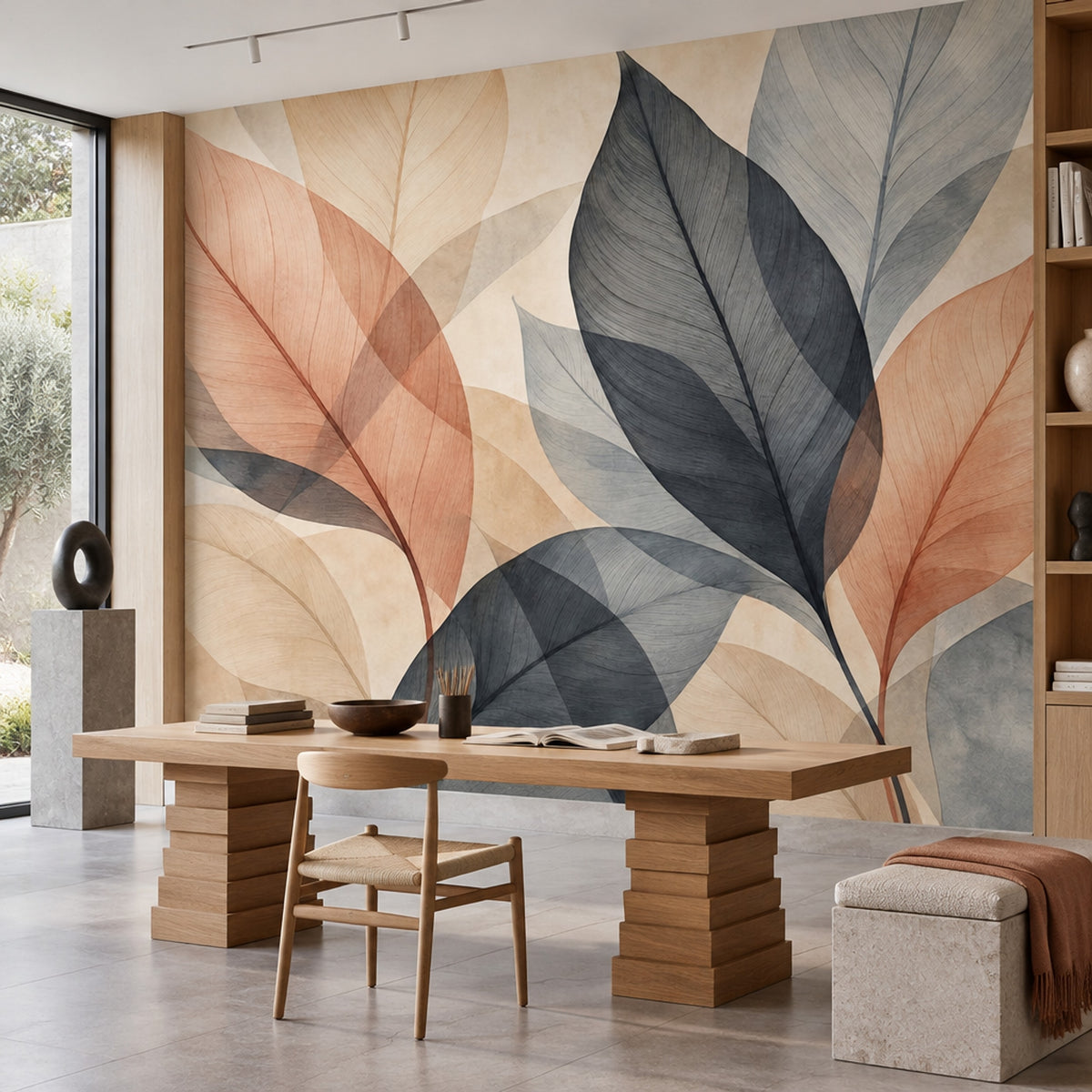 Translucent Layered Leaves Wallpaper Neutral Watercolor Wall Mural