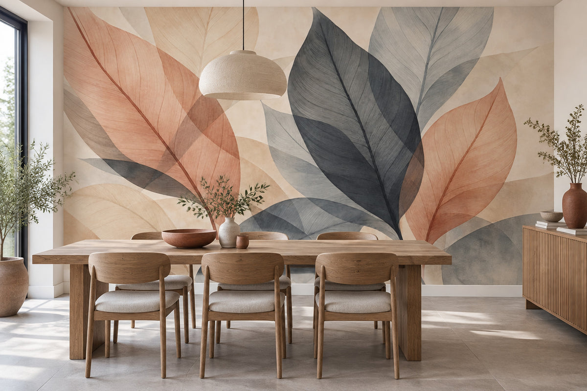 Translucent Layered Leaves Wallpaper Neutral Watercolor Wall Mural