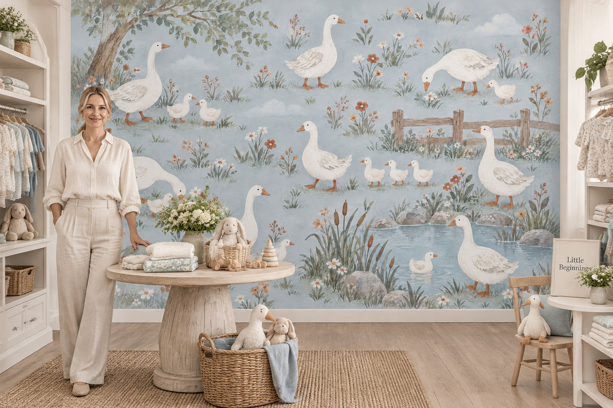 Watercolor Geese And Goslings Wallpaper Pastel Countryside Wall Mural