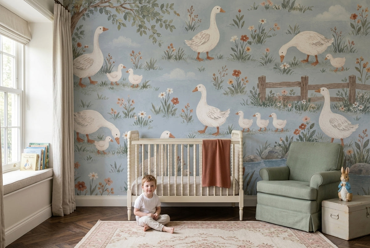 Watercolor Geese And Goslings Wallpaper Pastel Countryside Wall Mural