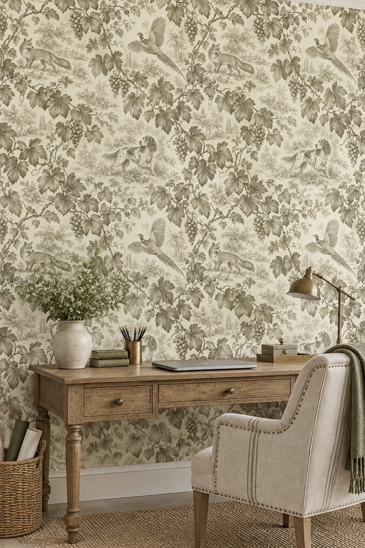 Grapevine Fox And Pheasant Toile Wallpaper Sepia Cream