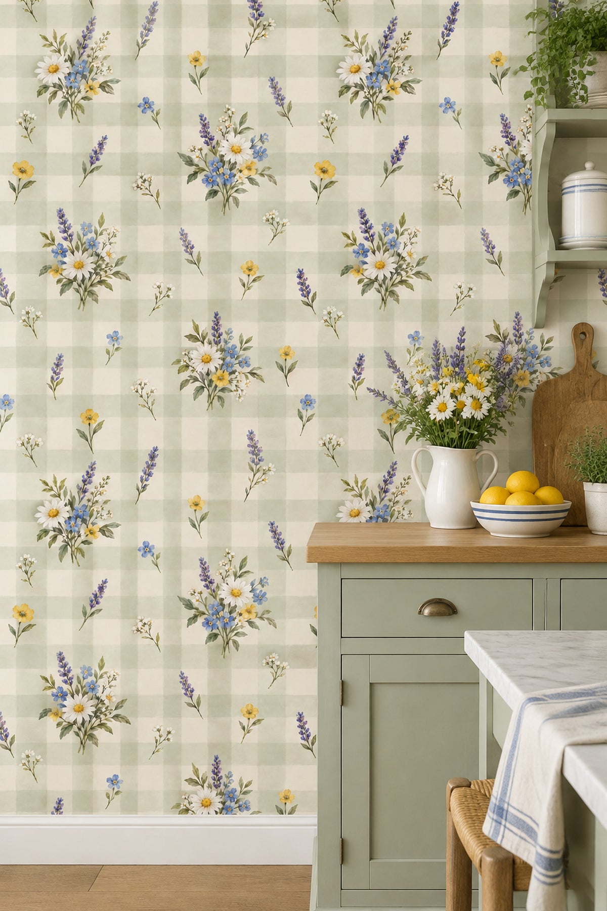 Daisy And Lavender Bouquets Wallpaper Muted Green Plaid