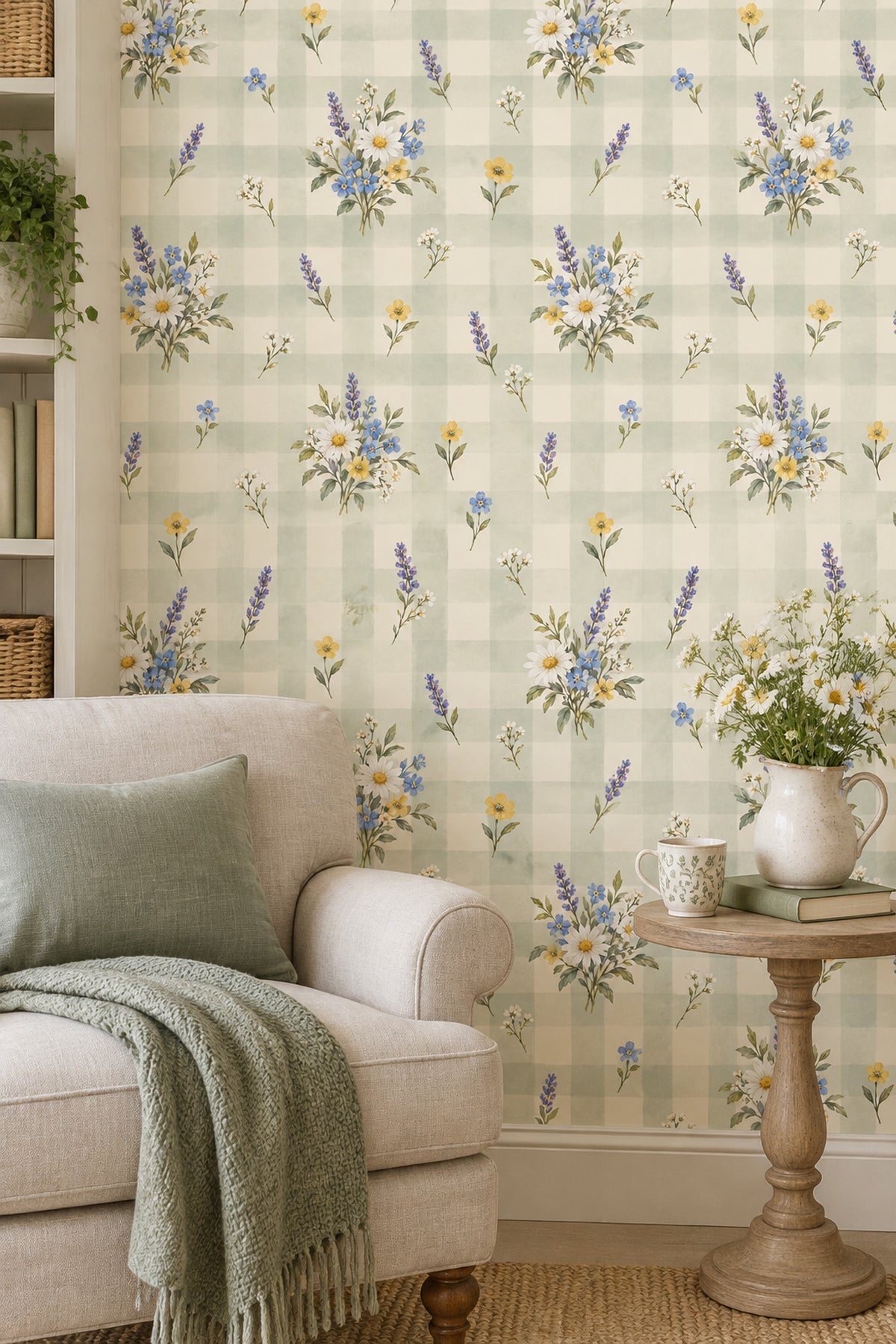 Daisy And Lavender Bouquets Wallpaper Muted Green Plaid