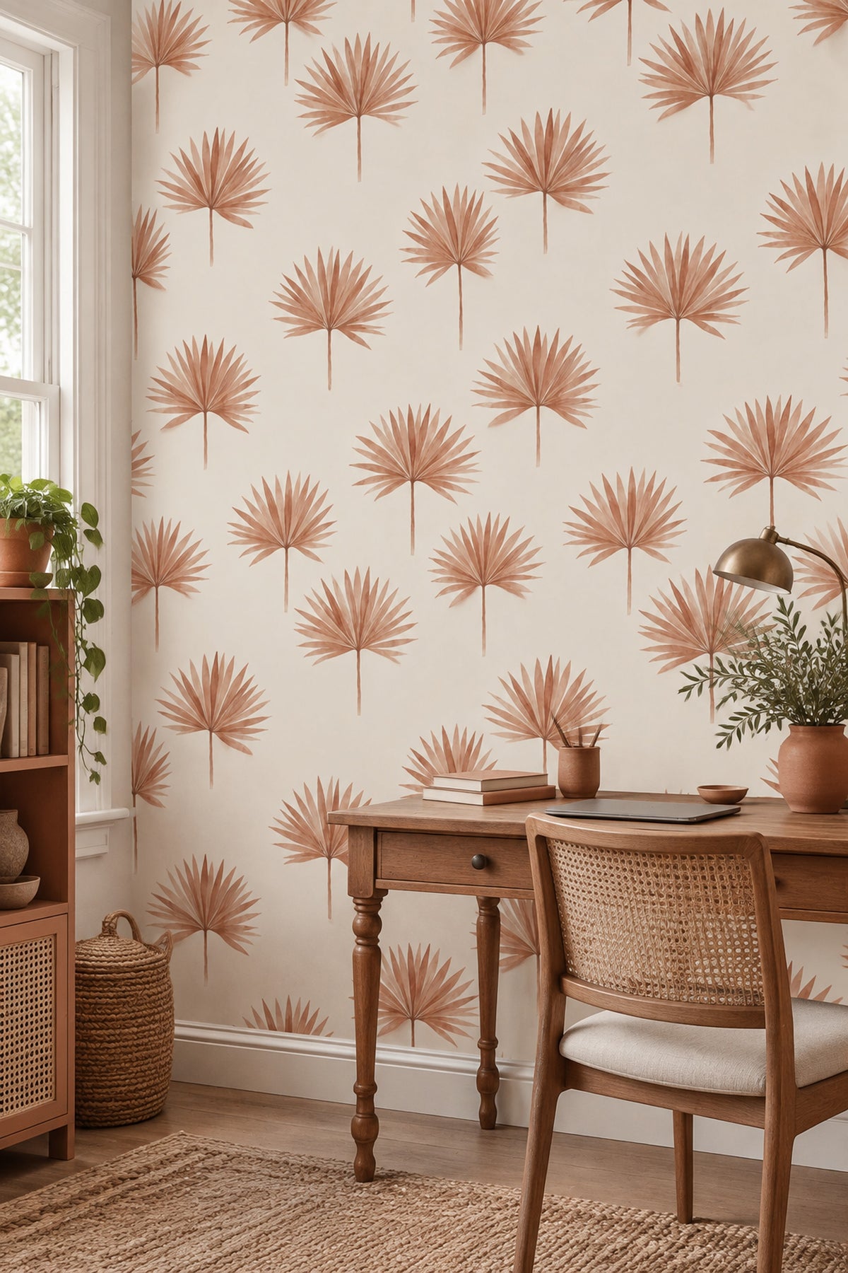 Palm Leaf Wallpaper Watercolor Terracotta On Cream Background