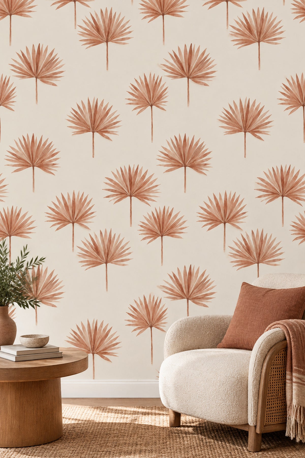 Palm Leaf Wallpaper Watercolor Terracotta On Cream Background