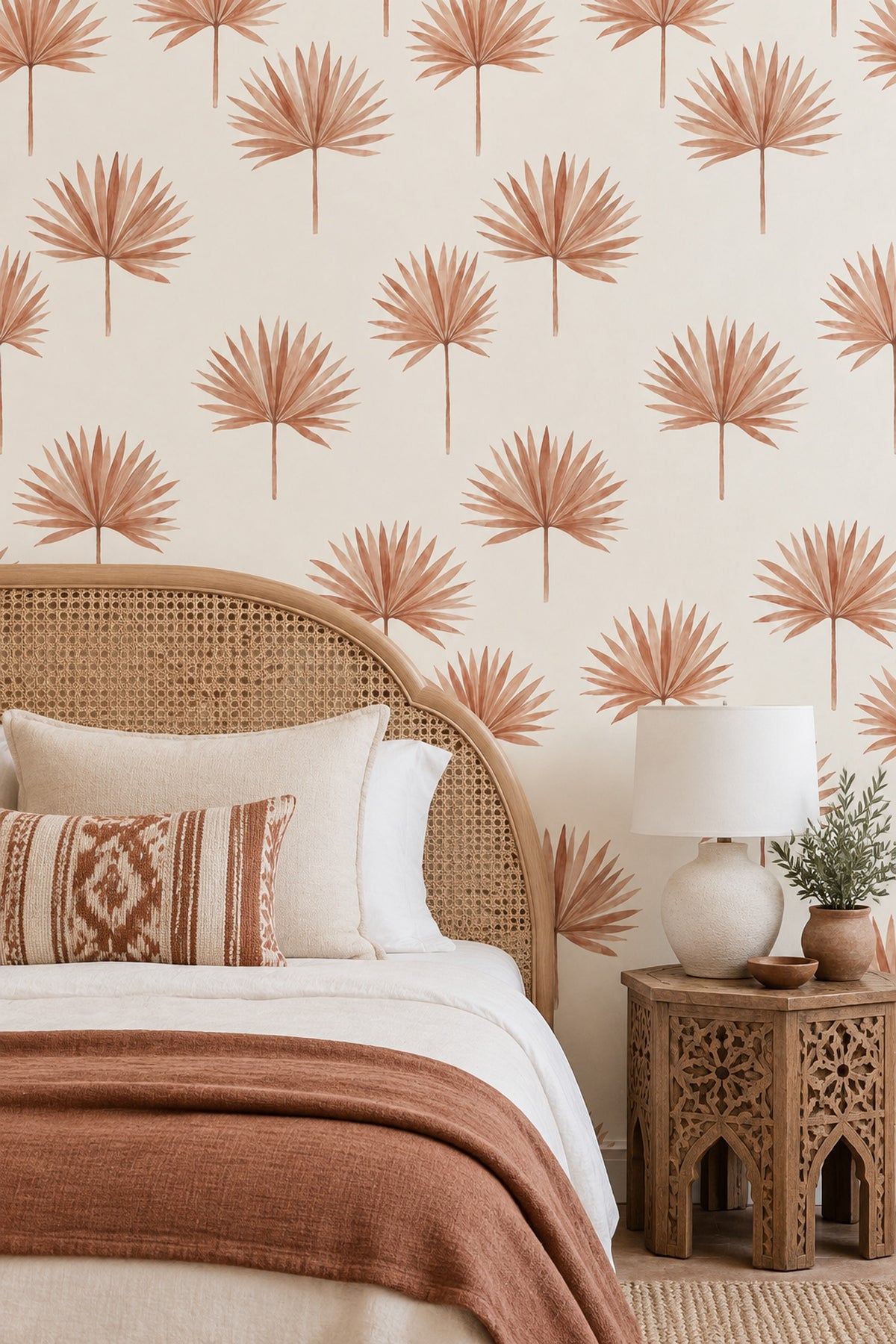 Palm Leaf Wallpaper Watercolor Terracotta On Cream Background