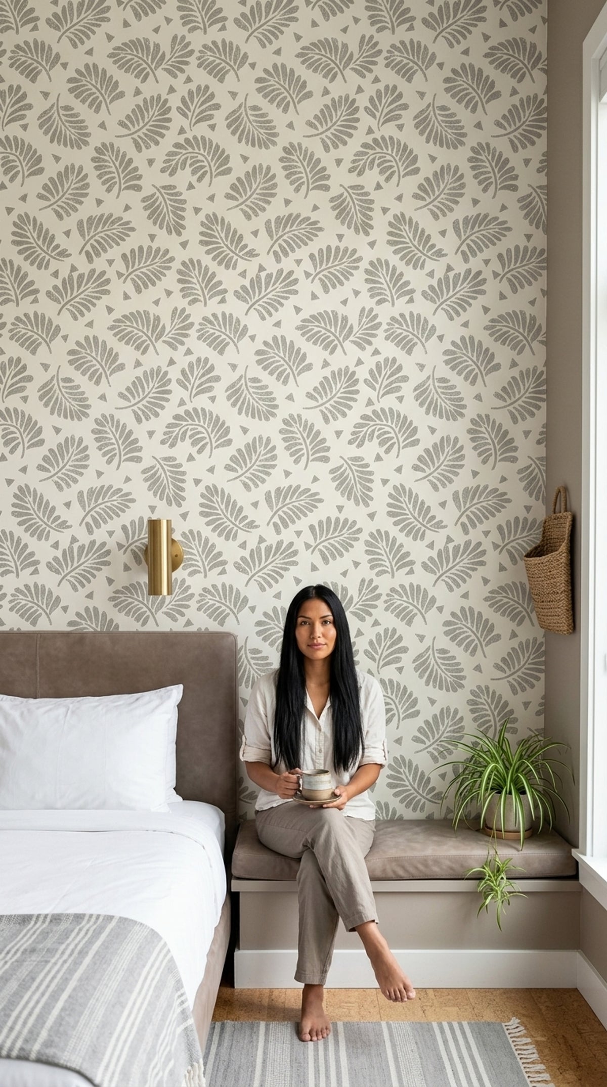 Tropical Leaf Fronds Wallpaper Cream Minimalist Pattern
