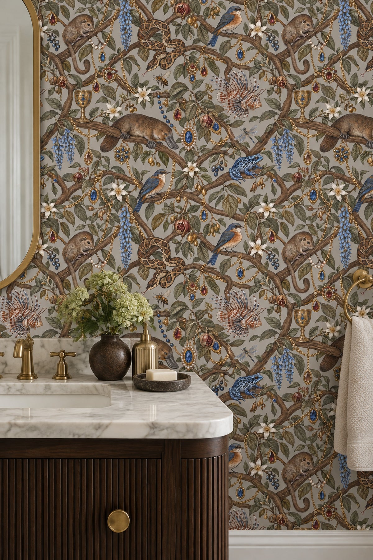 Jungle Vines And Birds Wallpaper Maximalist Muted Green