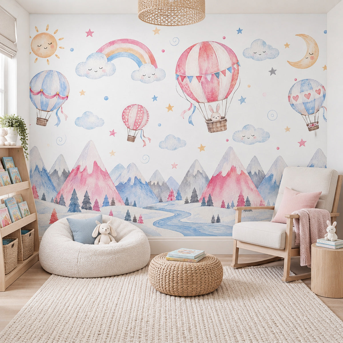 Hot Air Balloons And Sleeping Sun Wallpaper Pastel Nursery Wall Mural