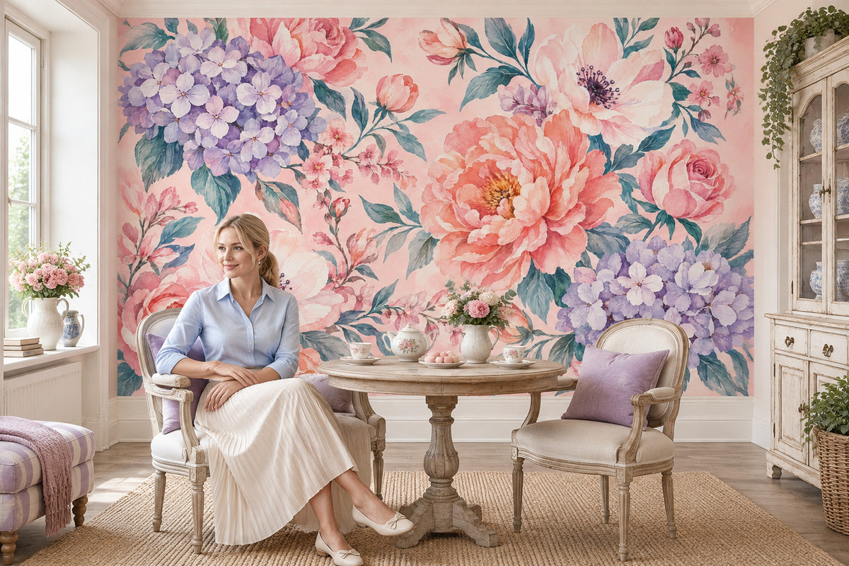 Pink Roses And Hydrangeas Wallpaper Watercolor Floral Wall Mural