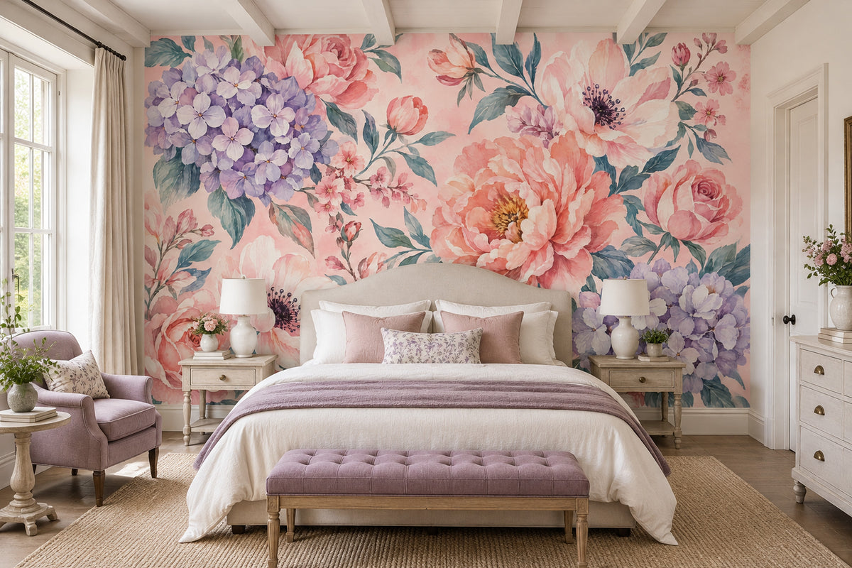 Pink Roses And Hydrangeas Wallpaper Watercolor Floral Wall Mural