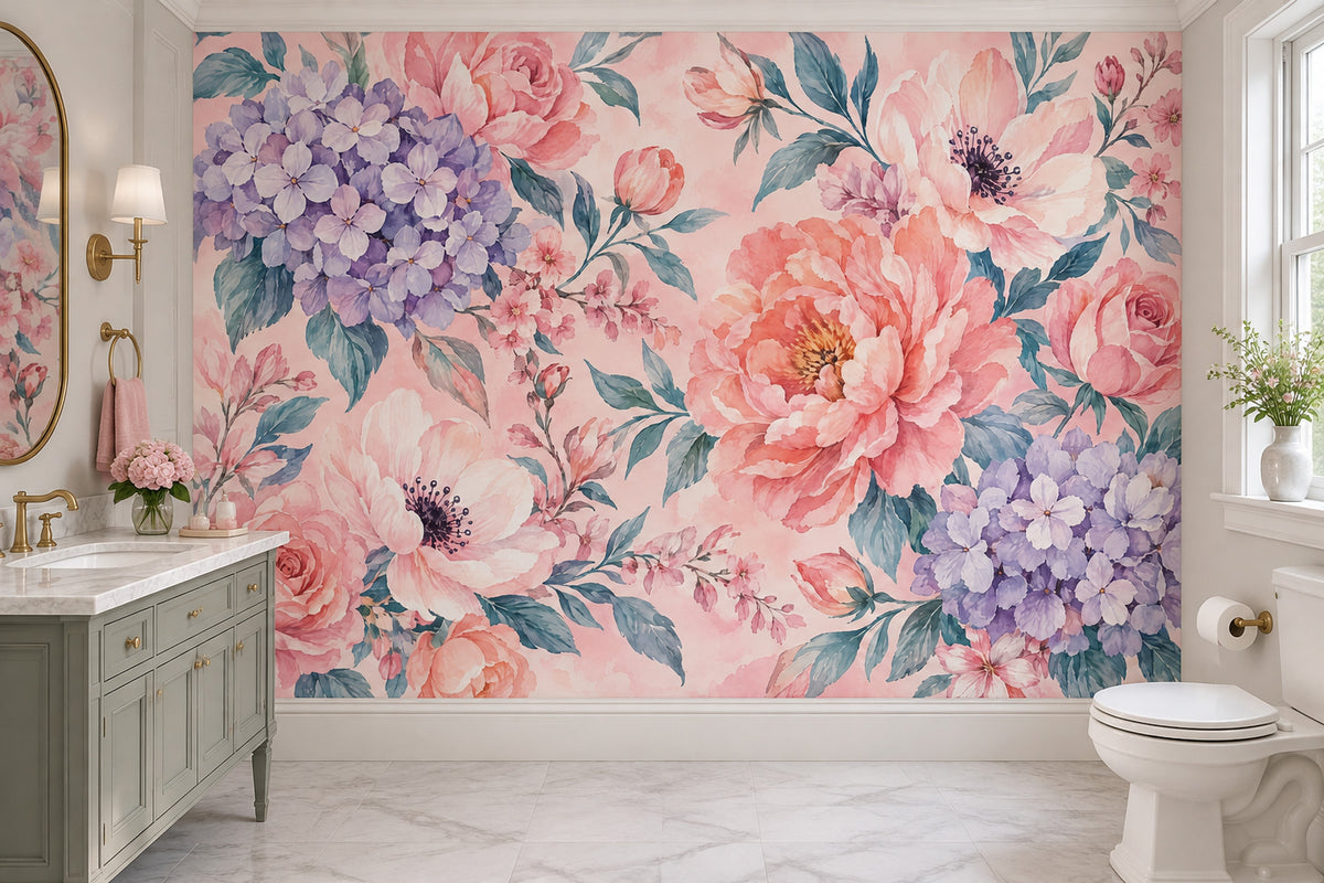Pink Roses And Hydrangeas Wallpaper Watercolor Floral Wall Mural