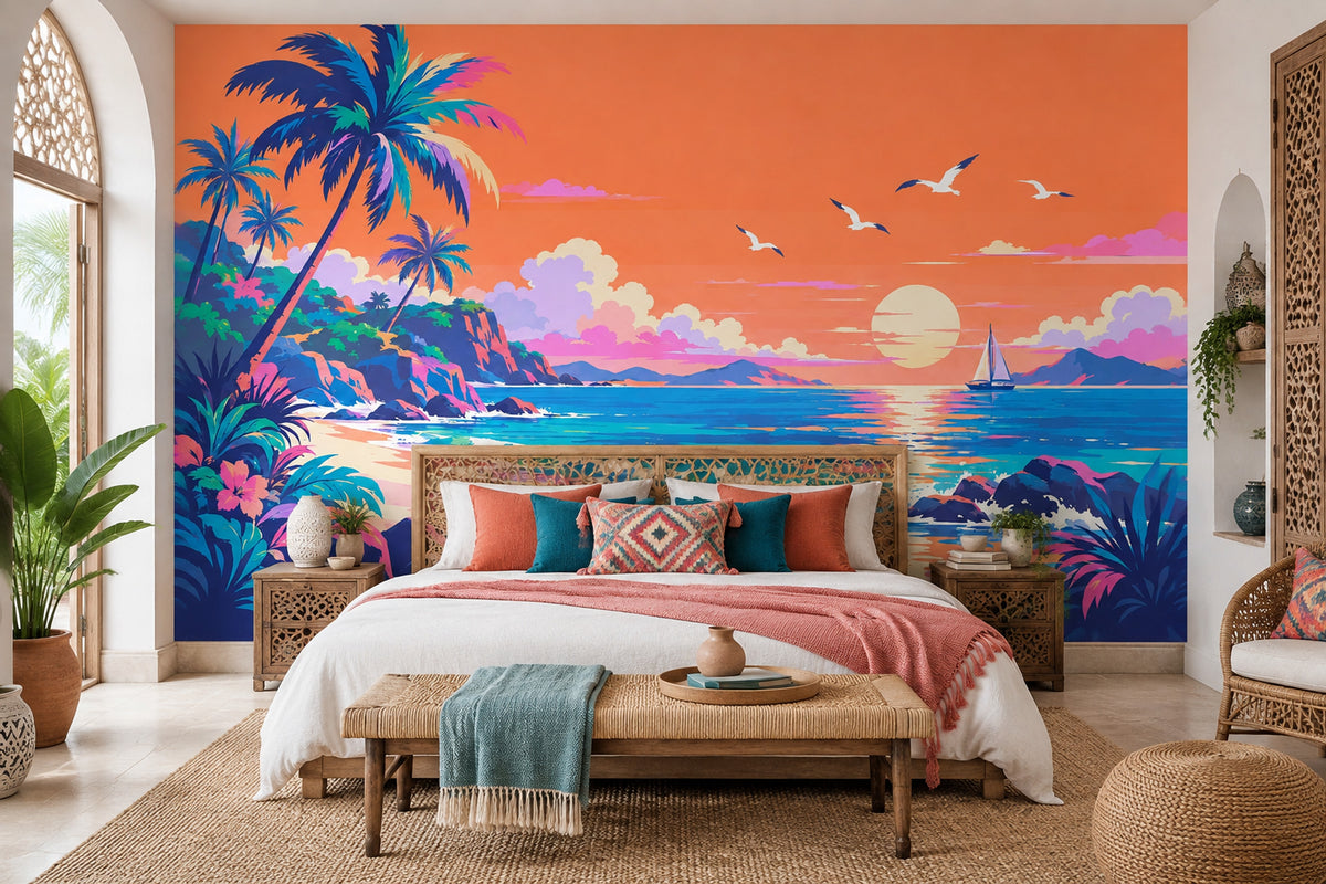 Tropical Beach Sunset Wallpaper Retro Coastal Landscape Wall Mural