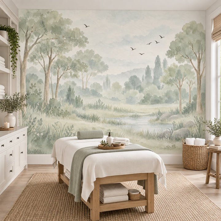 Watercolor Woodland Trees Wallpaper Misty Meadow Wall Mural