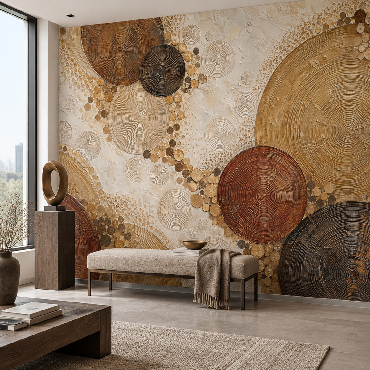 Abstract Concentric Circles Wallpaper Gold Accents Wall Mural