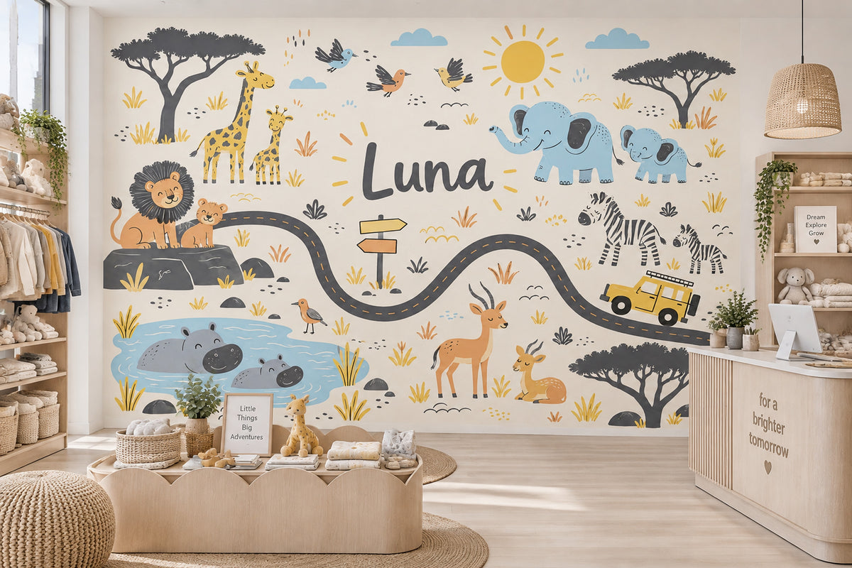 Cute Safari Animals Wallpaper Personalized Name Wall Mural