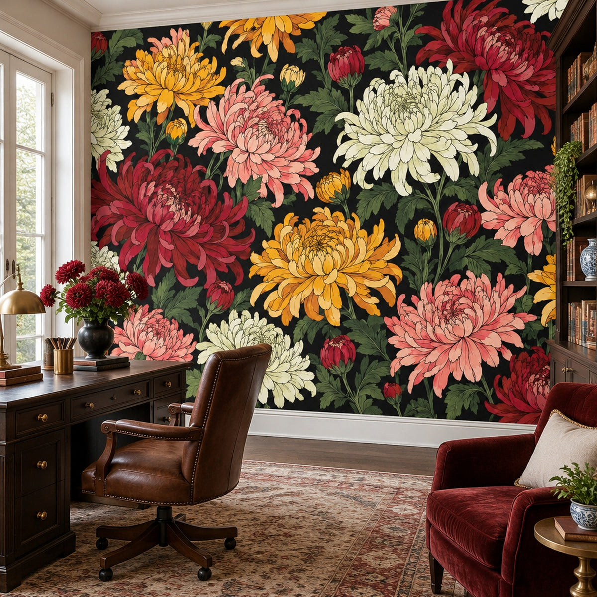 Chrysanthemum Flowers Wallpaper Dark Floral Wall Mural
