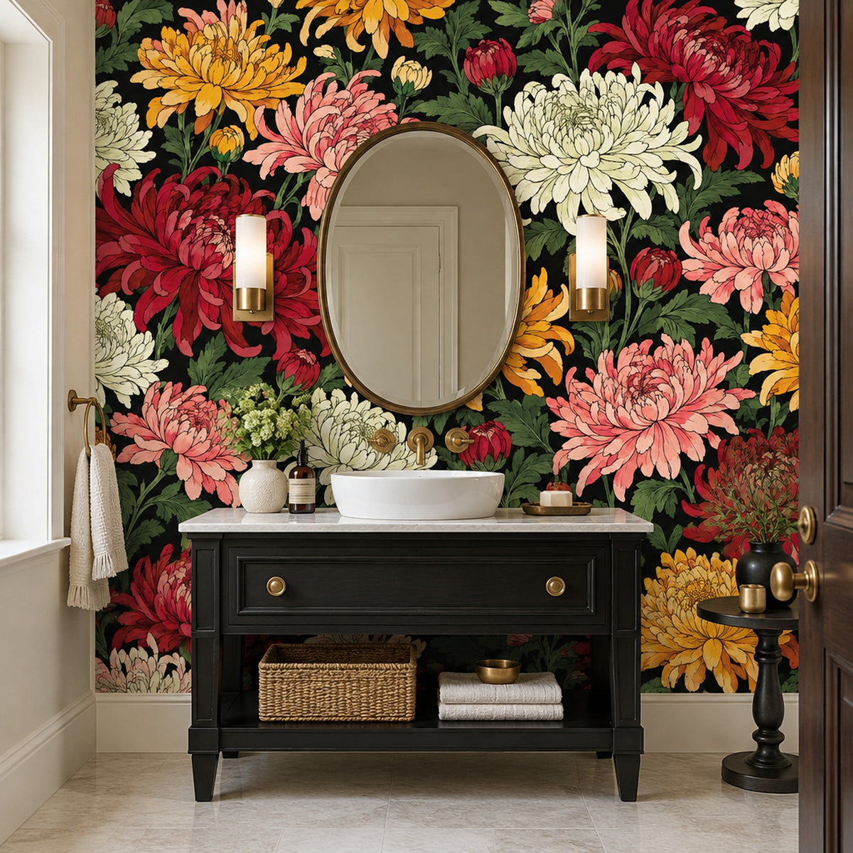 Chrysanthemum Flowers Wallpaper Dark Floral Wall Mural