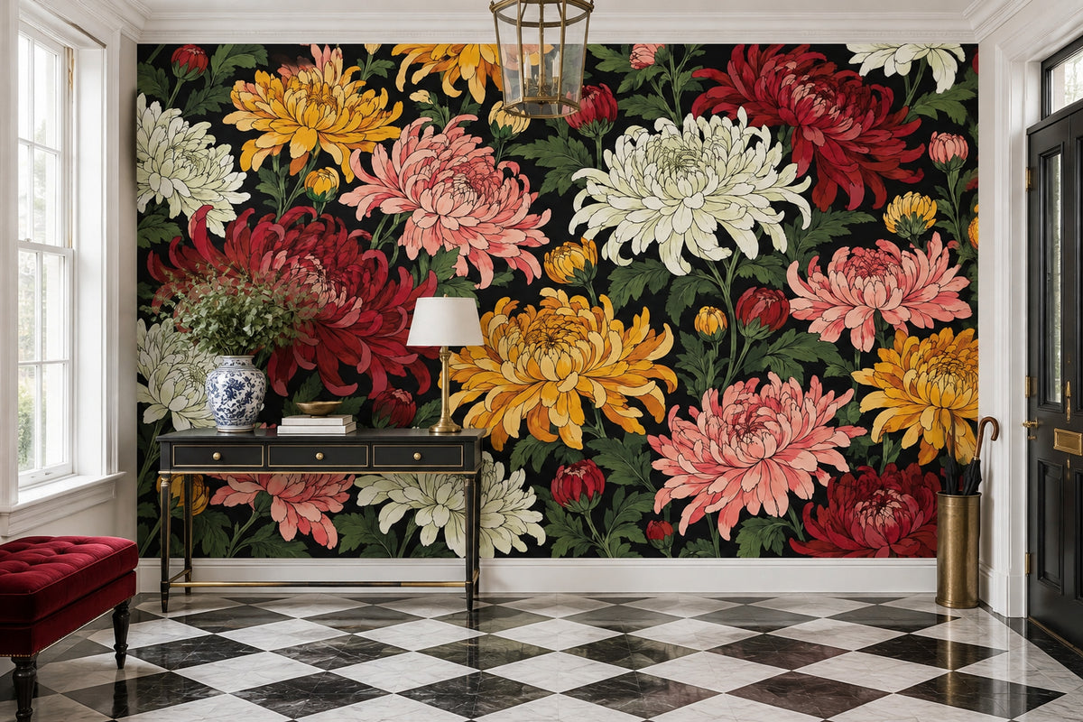 Chrysanthemum Flowers Wallpaper Dark Floral Wall Mural