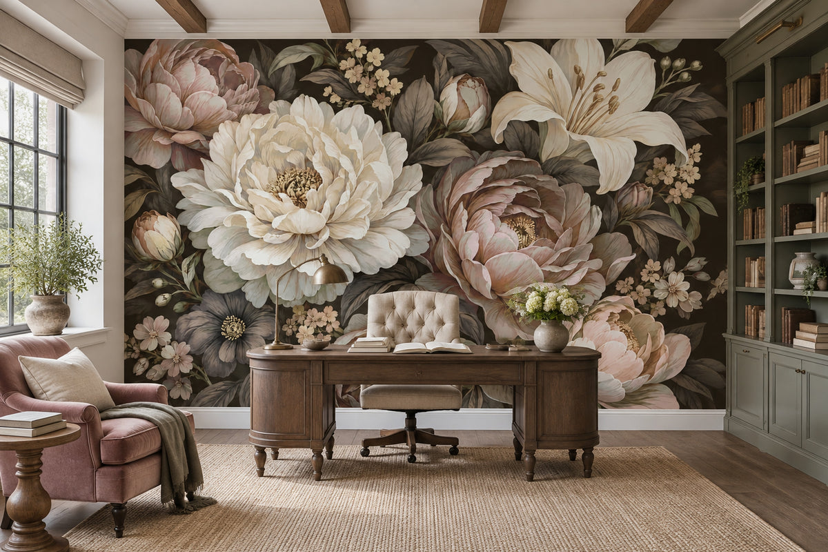 Peony And Lily Bouquet Wallpaper Dark Floral Wall Mural