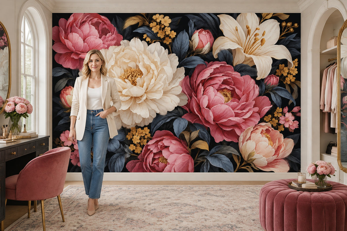 Peony And Lily Blooms Wallpaper Dark Floral Wall Mural