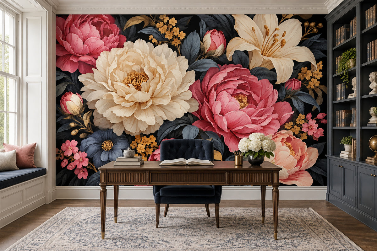 Peony And Lily Blooms Wallpaper Dark Floral Wall Mural