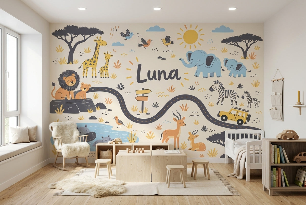 Cute Safari Animals Wallpaper Personalized Name Wall Mural