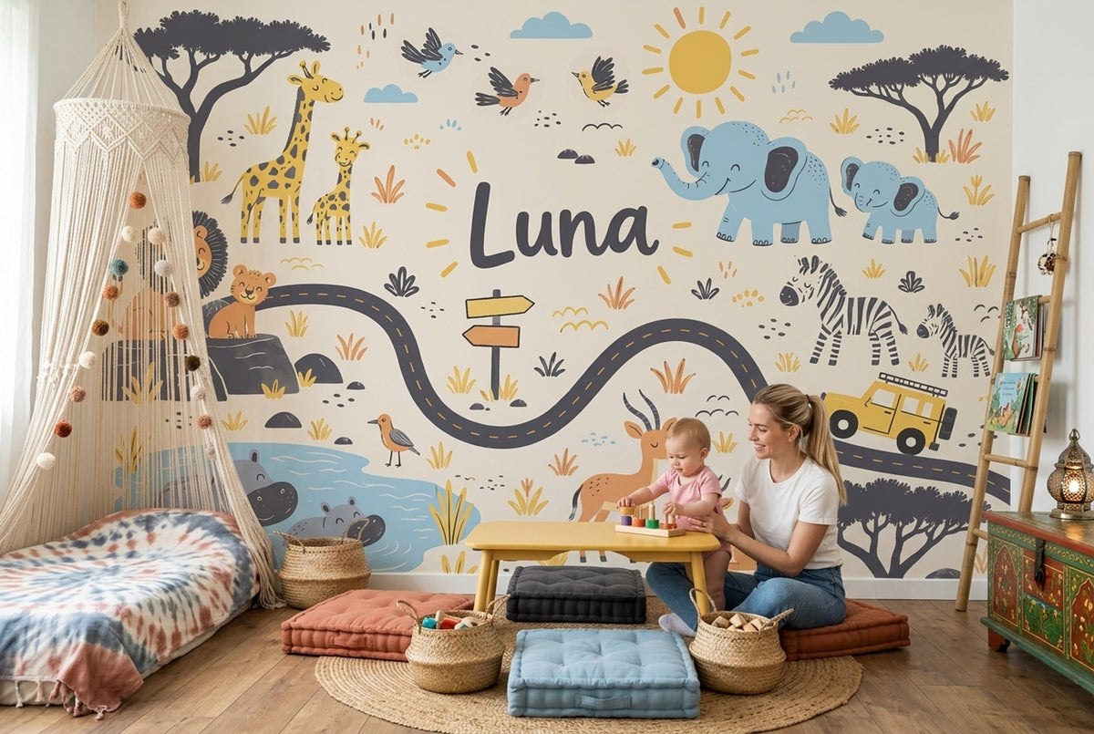 Cute Safari Animals Wallpaper Personalized Name Wall Mural