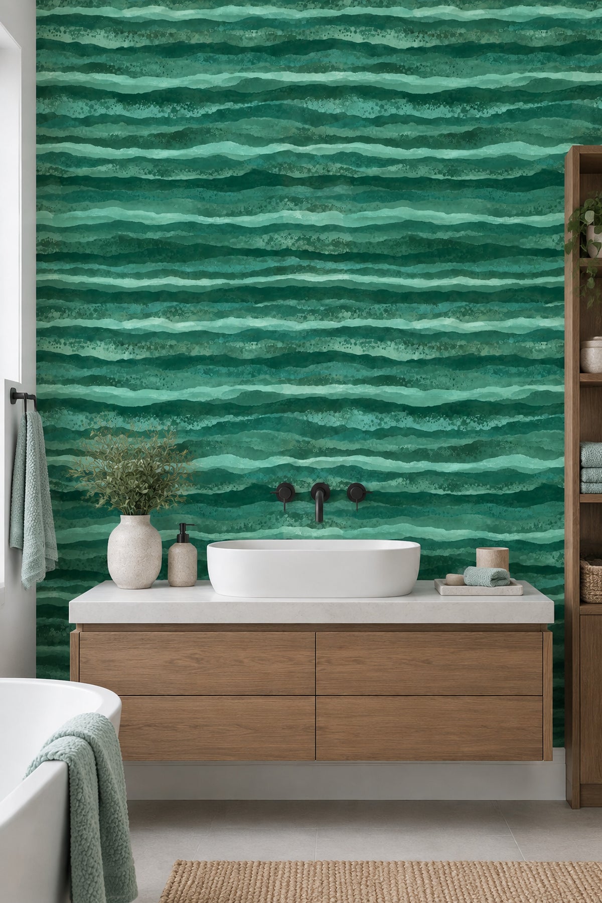 Abstract Green Watercolor Waves Wallpaper Wavy Stripes