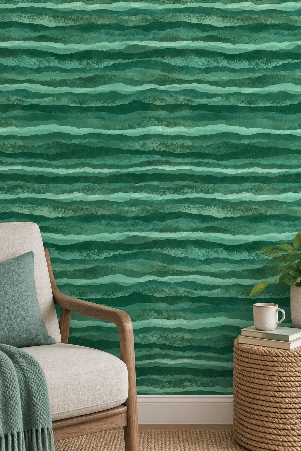 Abstract Green Watercolor Waves Wallpaper Wavy Stripes