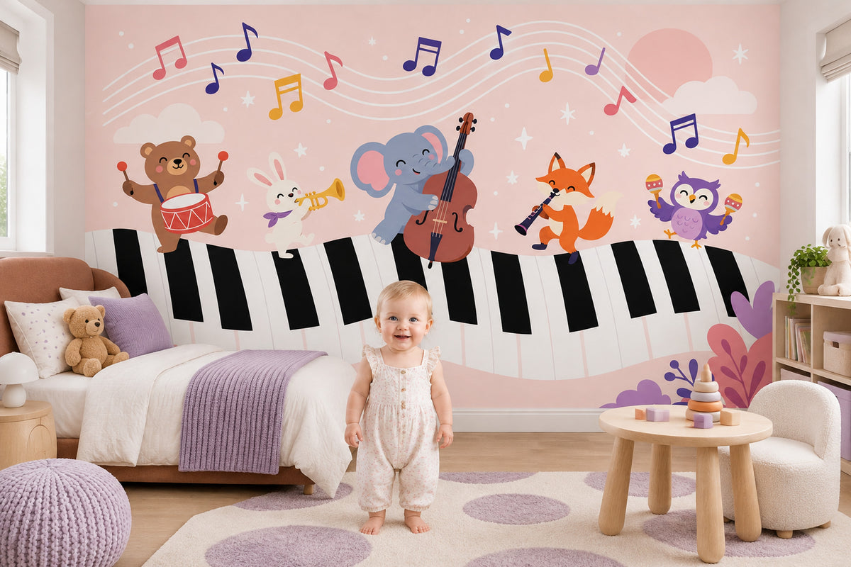 Cartoon Animal Band Wallpaper Piano Keys Wall Mural