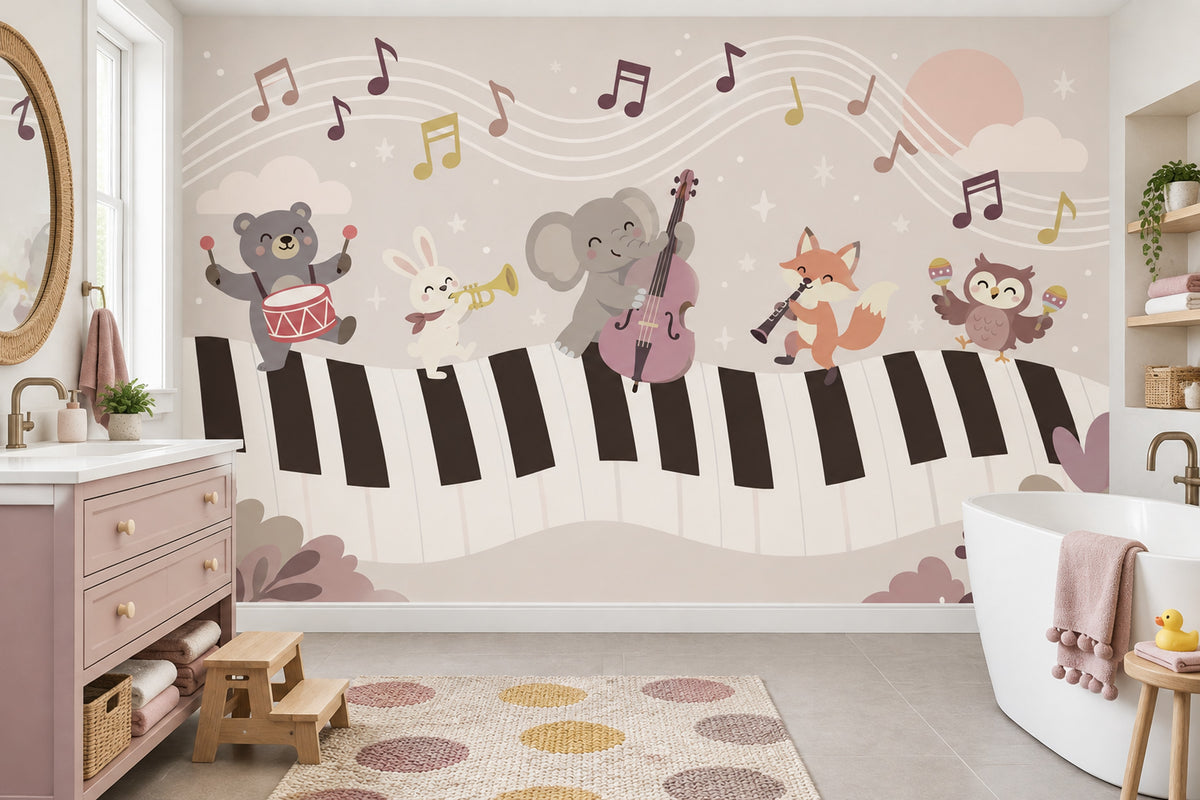 Cartoon Animals On Piano Keys Wallpaper Pastel Nursery Wall Mural