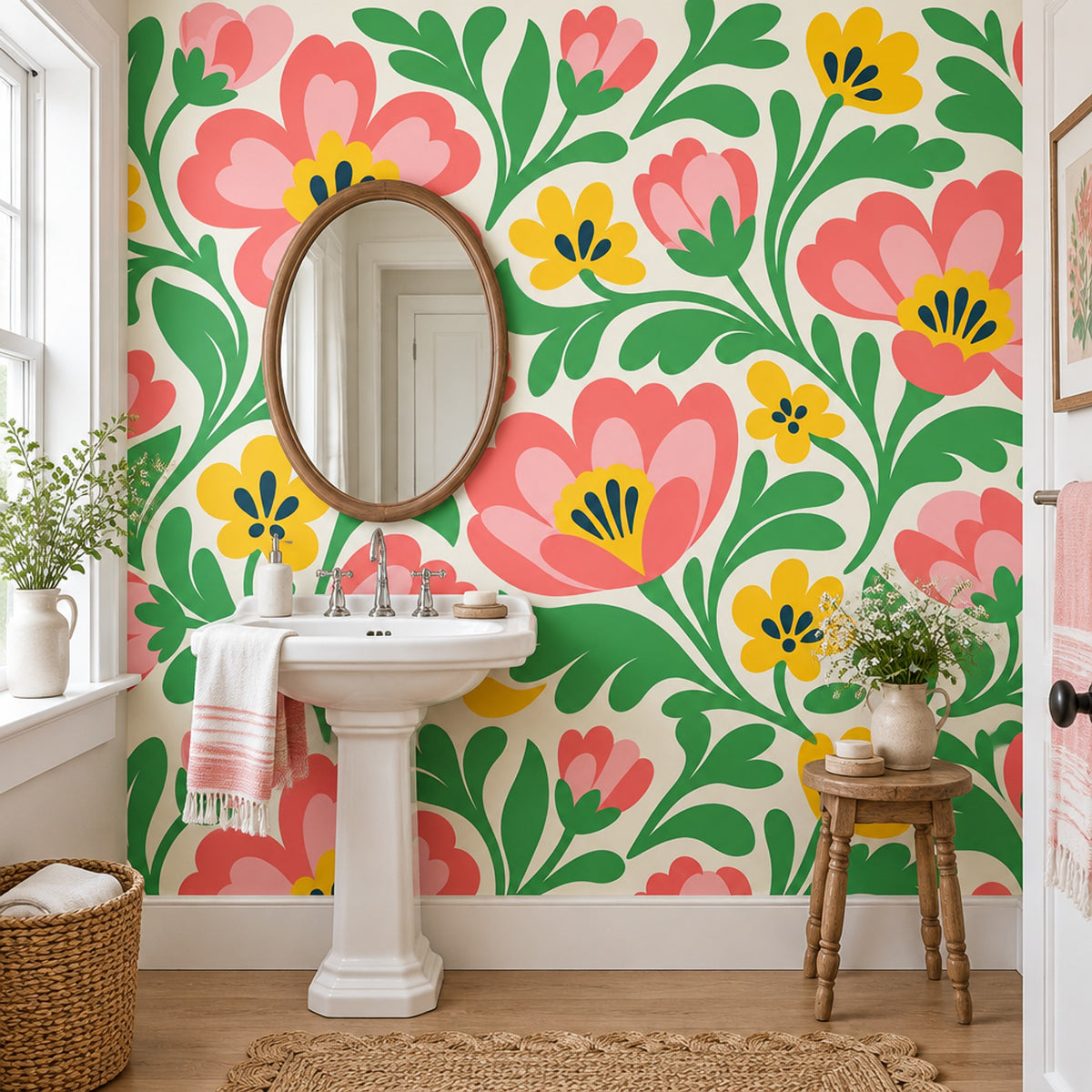Pink Folk Flowers Wallpaper Green Vines Wall Mural