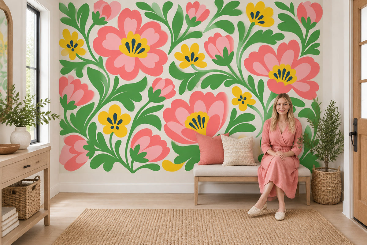 Pink Folk Flowers Wallpaper Green Vines Wall Mural