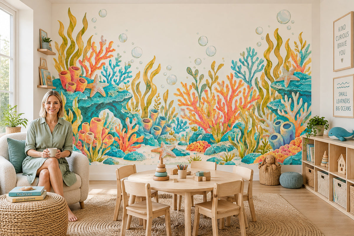 Watercolor Coral Reef Wallpaper Underwater Wall Mural