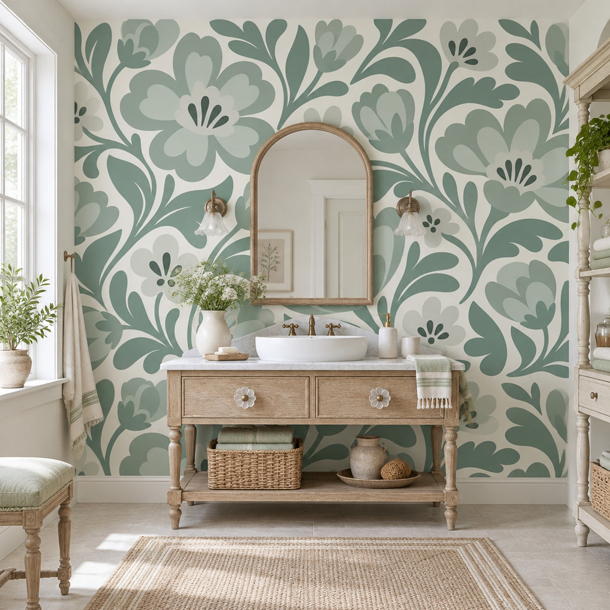 Stylized Large Flowers Wallpaper Sage Green Vine Wall Mural