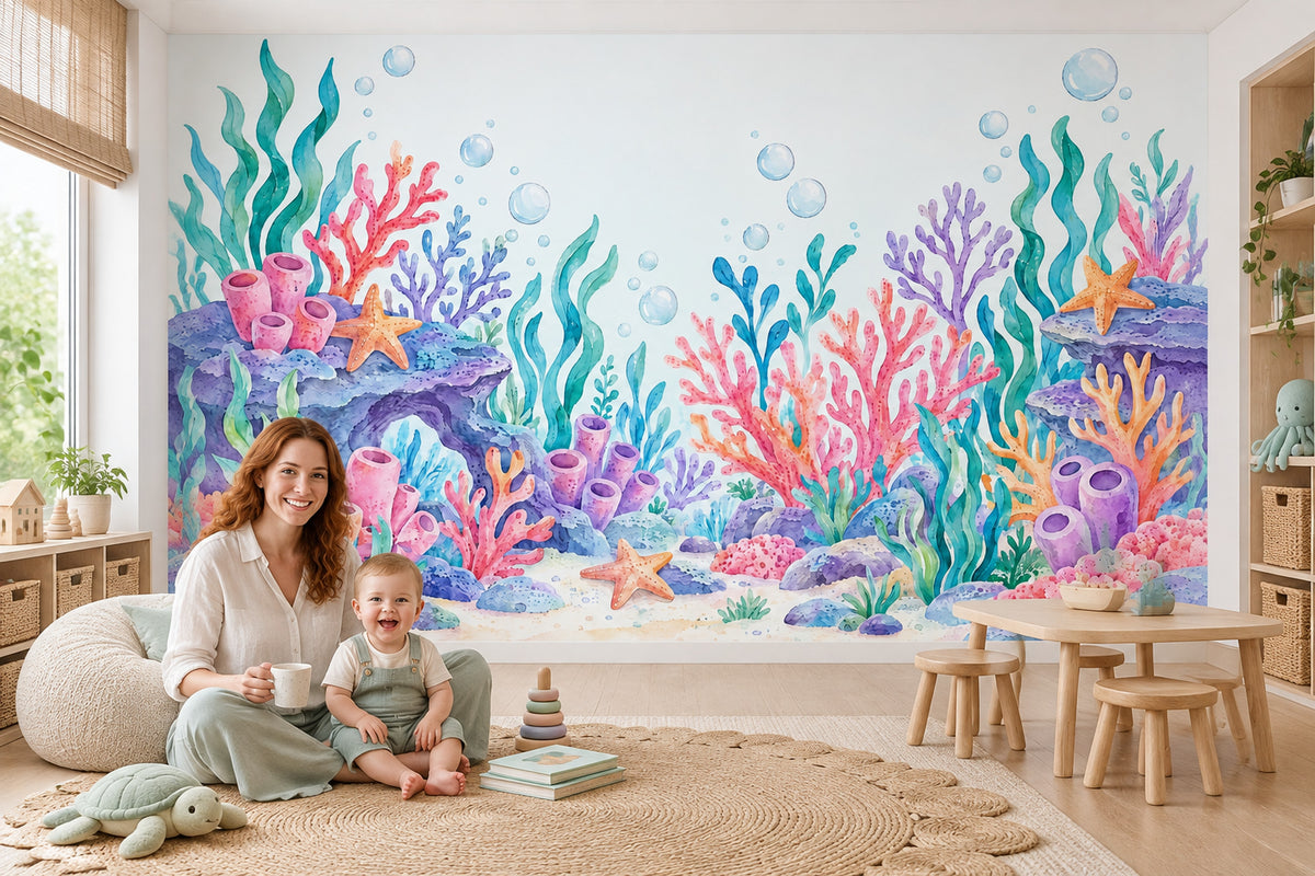 Watercolor Coral Reef Wallpaper Pastel Underwater Wall Mural