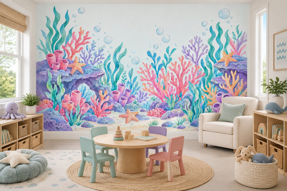 Watercolor Coral Reef Wallpaper Pastel Underwater Wall Mural